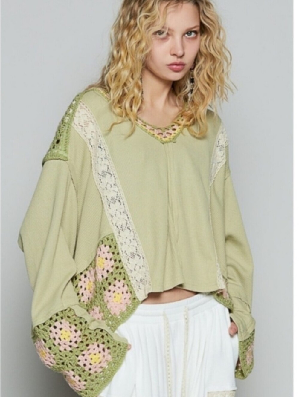 POL New Sage/Blush Granny Square Hoodie Top